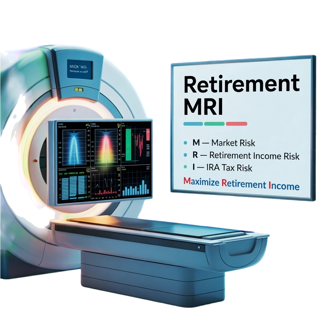 Retirement MRI illustration showing Market Risk, Retirement Income Risk, and IRA Tax Risk